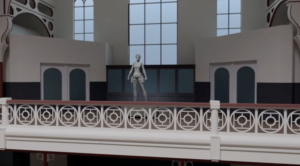 A 3d modelled mock up of the inside of Derby Market Hall, with a statue of Lara Croft inside.