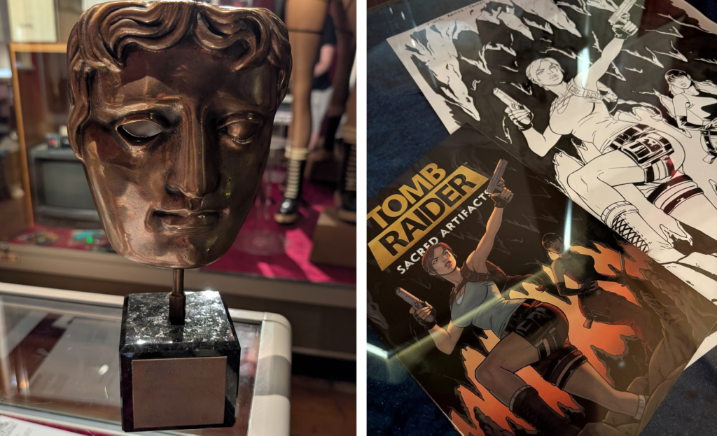 Composite image. Left: a bafta award shown in a museum. Right: a Lara Croft comic titled Tomb Raider Sacred Artifact.