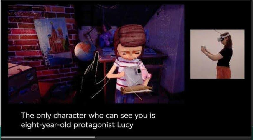 Screenshot from a video game, showing a girl looking through a pile of papers. Underneath, text reads The only character who can see you is eight-year-old protagonist Lucy. There is a second smaller image showing someone wearing a VR headset, playing the game pictured.