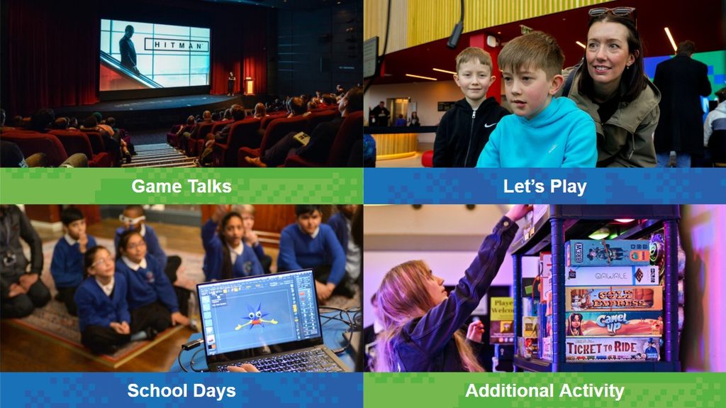 A composite of four photographs. The first one shows a talk being given from a stage. The second show a woman and two boys focused on a videogame. The third shows a school visit listening to a workshop. The final shows a woman looking at a selection of board games.
